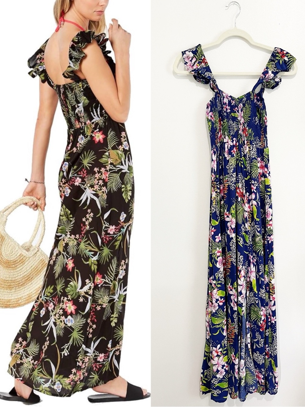 Boho Me Navy Floral Maxi Dress Ruffle Straps Smocked Bodice Size M
